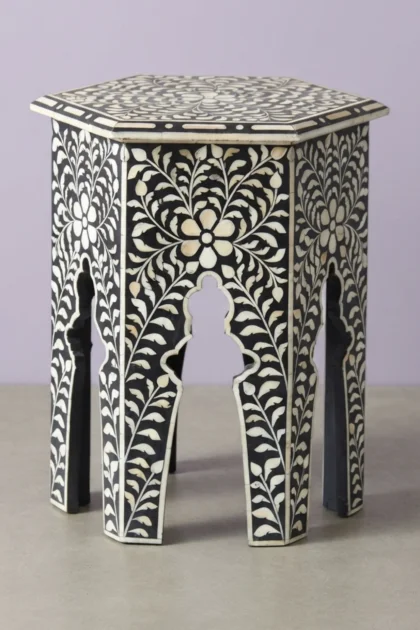 Bone Inlay Floral Design Hexagonal Table Black, buy bone inlay floral design, luxury bone inlay floral design, handcrafted bone inlay floral design, handmade bone inlay floral design, bone inlay, bonebone-inlay-floral-design-hexagonal-table-black-black-furniture-bone-inlay-furniture-floral-design-floral-pattern-flower-motif-furniture-table-handmade-bone-inla-01.webp
