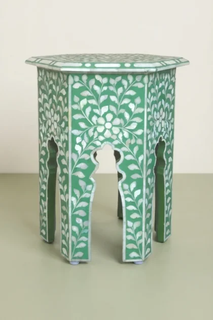 Bone Inlay Floral Design Hexagonal Table Green, buy bone inlay floral design, luxury bone inlay floral design, handcrafted bone inlay floral design, handmade bone inlay floral design, bone inlay, bonebone-inlay-floral-design-hexagonal-table-green-bone-inlay-furniture-floral-design-floral-pattern-flower-motif-furniture-table-green-furniture-handmade-bone-inla-01.webp