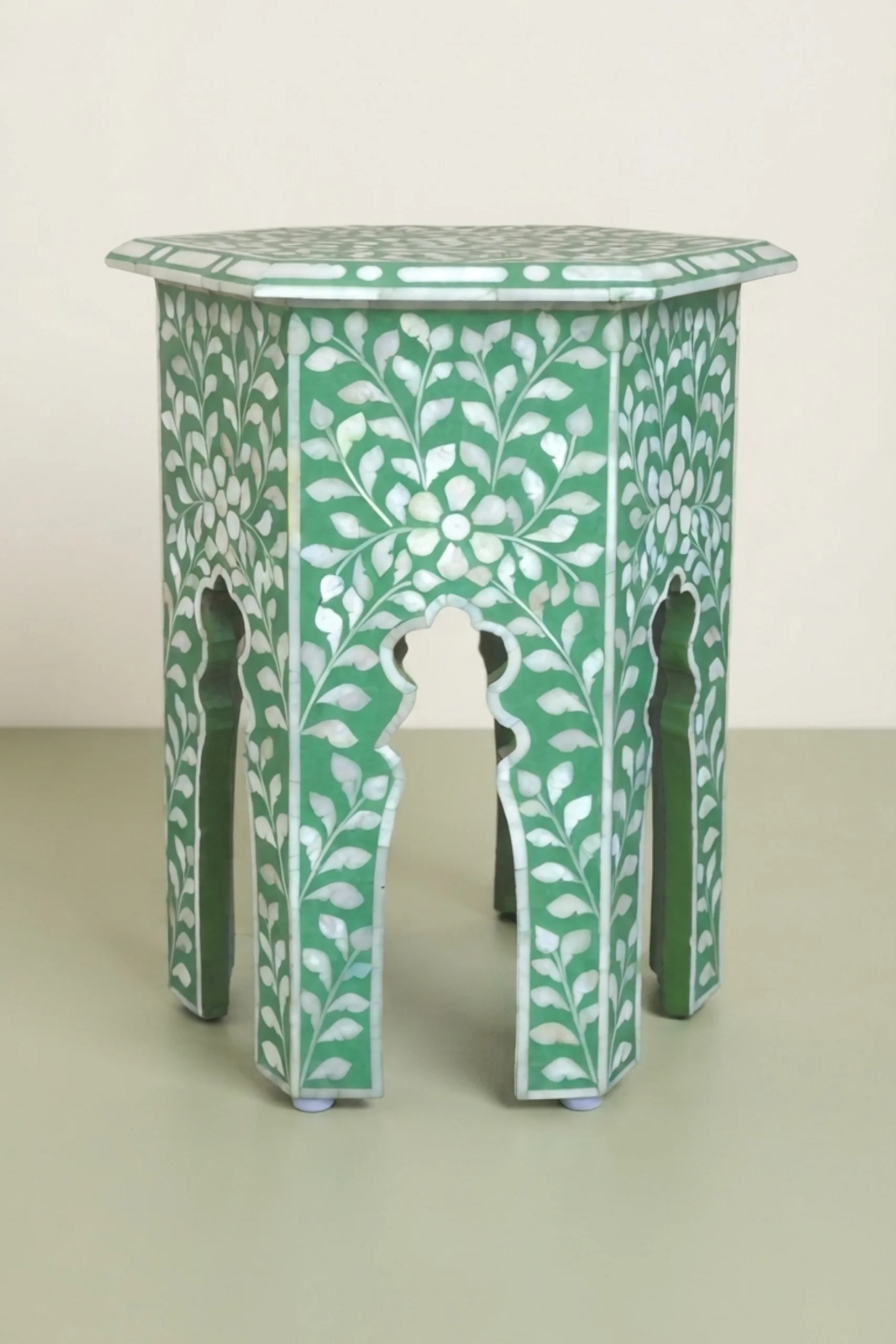 Bone Inlay Floral Design Hexagonal Table Green, buy bone inlay floral design, luxury bone inlay floral design, handcrafted bone inlay floral design, handmade bone inlay floral design, bone inlay, bonebone-inlay-floral-design-hexagonal-table-green-bone-inlay-furniture-floral-design-floral-pattern-flower-motif-furniture-table-green-furniture-handmade-bone-inla-01.webp