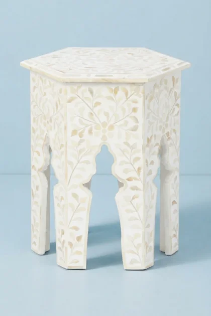 Bone Inlay Floral Design Hexagonal Table White, buy bone inlay floral design, luxury bone inlay floral design, handcrafted bone inlay floral design, handmade bone inlay floral design, bone inlay, bonebone-inlay-floral-design-hexagonal-table-white-bone-inlay-furniture-floral-design-floral-pattern-flower-motif-furniture-table-handmade-bone-inlay-white-furnitur-01.webp