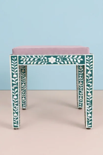 Bone Inlay Floral Stool Green, buy bone inlay floral stool, luxury bone inlay floral stool, handcrafted bone inlay floral stool, handmade bone inlay floral stool, bone inlay floral stool online, bonebone-inlay-floral-stool-green-accent-stool-bone-inlay-furniture-floral-design-floral-pattern-flower-motif-green-furniture-handmade-bone-inlay-stool-01.webp