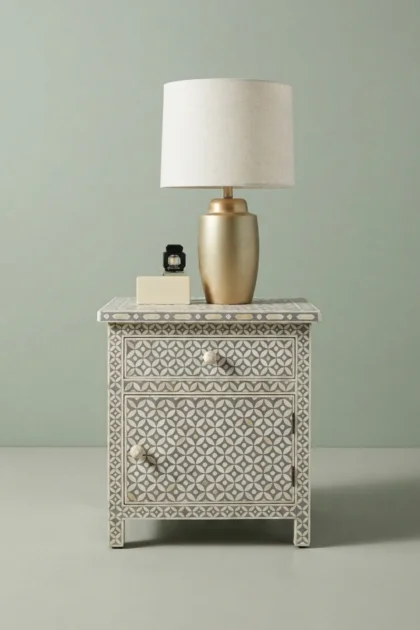 Bone Inlay Geometric Bedside 1 Drawer 1 Door Grey, buy bone inlay geometric bedside, luxury bone inlay geometric bedside, handcrafted bone inlay geometric bedside, bone inlay geometric bedside onlinebone-inlay-geometric-bedside-1-drawer-1-door-grey-bedside-table-bone-inlay-furniture-geometric-design-geometric-pattern-grey-furniture-handmade-bone-inlay-ni-01.webp