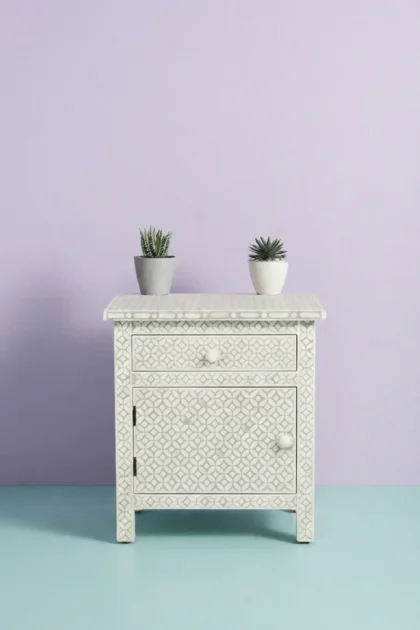 Bone Inlay Geometric Bedside 1 Drawer 1 Door Sage, buy bone inlay geometric bedside, luxury bone inlay geometric bedside, handcrafted bone inlay geometric bedside, bone inlay geometric bedside onlinebone-inlay-geometric-bedside-1-drawer-1-door-sage-bedside-table-bone-inlay-furniture-geometric-design-geometric-pattern-handmade-bone-inlay-nightstand-01.webp