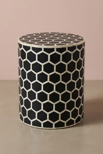Bone Inlay Round Stool Honeycomb Design Black, buy bone inlay round stool, luxury bone inlay round stool, handcrafted bone inlay round stool, handmade bone inlay round stool, bone inlay round giftbone-inlay-round-stool-honeycomb-design-black-accent-stool-black-furniture-bone-inlay-furniture-handmade-bone-inlay-stool-01.webp