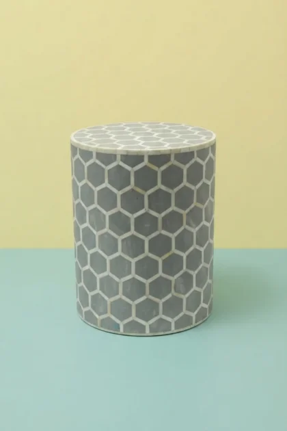 Bone Inlay Round Stool Honeycomb Design Grey, buy bone inlay round stool, luxury bone inlay round stool, handcrafted bone inlay round stool, handmade bone inlay round stool, bone inlay round giftbone-inlay-round-stool-honeycomb-design-grey-accent-stool-bone-inlay-furniture-grey-furniture-handmade-bone-inlay-stool-01.webp