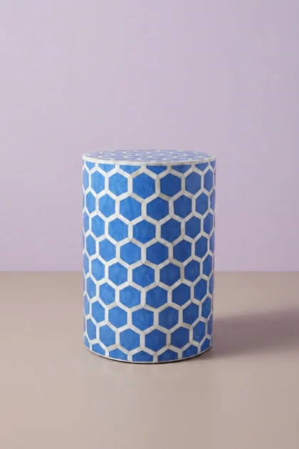 Bone Inlay Round Stool Honeycomb Design Light Blue, buy bone inlay round stool, luxury bone inlay round stool, handcrafted bone inlay round stool, handmade bone inlay round stool, bone inlay, bonebone-inlay-round-stool-honeycomb-design-light-blue-accent-stool-blue-furniture-bone-inlay-furniture-handmade-bone-inlay-stool-01.webp