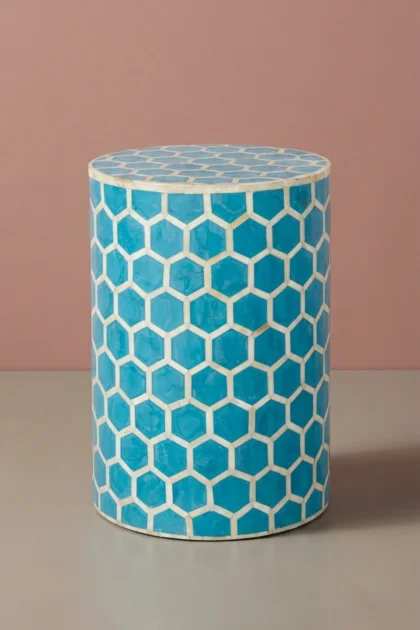 Bone Inlay Round Stool Honeycomb Design Turquoise, buy bone inlay round stool, luxury bone inlay round stool, handcrafted bone inlay round stool, handmade bone inlay round stool, bone inlay round giftbone-inlay-round-stool-honeycomb-design-turquoise-accent-stool-bone-inlay-furniture-handmade-bone-inlay-stool-01.webp