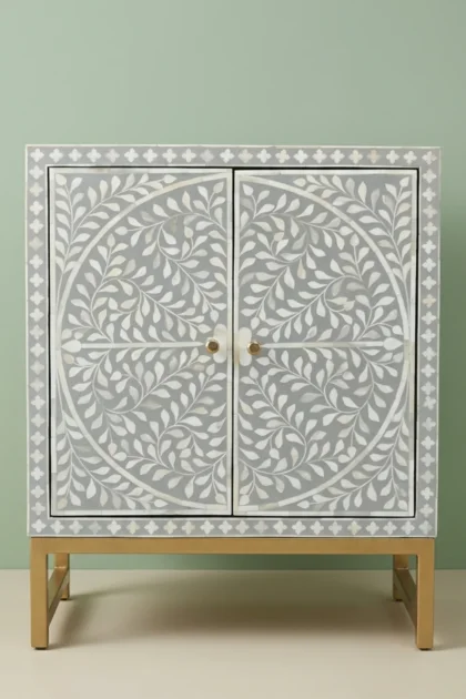 Bone Inlay Scroll Vine 2 Door Cabinet Grey, buy bone inlay scroll vine, luxury bone inlay scroll vine, handcrafted bone inlay scroll vine, handmade bone inlay scroll vine, bone inlay scroll vine indiabone-inlay-scroll-vine-2-door-cabinet-grey-bone-inlay-furniture-chest-of-drawers-grey-furniture-handmade-bone-inlay-storage-cabinet-vine-pattern-01.webp