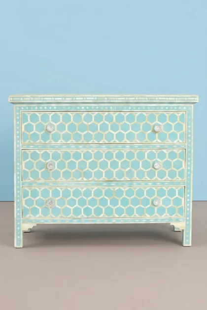 Bone Inlay Three Drawer Dresser Honeycomb Turquoise, buy bone inlay three drawer, luxury bone inlay three drawer, handcrafted bone inlay three drawer, handmade bone inlay three drawer, bone inlaybone-inlay-three-drawer-dresser-honeycomb-turquoise-bedroom-storage-bone-inlay-furniture-dresser-handmade-bone-inlay-01.webp