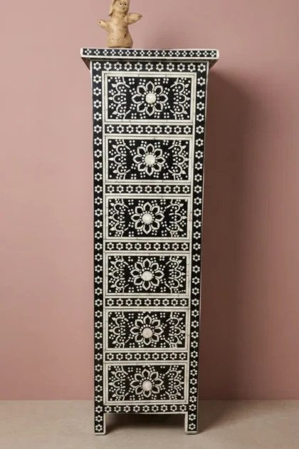 Bone Inlay Zahra 6 Drawer Tallboy Chest Black, buy bone inlay zahra drawer, luxury bone inlay zahra drawer, handcrafted bone inlay zahra drawer, handmade bone inlay zahra drawer, bone inlay zahra giftbone-inlay-zahra-6-drawer-tallboy-chest-black-black-furniture-bone-inlay-furniture-chest-of-drawers-drawers-cabinet-handmade-bone-inlay-storage-furniture-01.webp