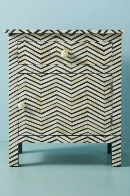 Chevron Bone Inlay Bedside 1 Drawer 1 Door Black, buy chevron bone inlay bedside, luxury chevron bone inlay bedside, handcrafted chevron bone inlay bedside, handmade chevron bone inlay bedside, bonechevron-bone-inlay-bedside-1-drawer-1-door-black-bedside-table-black-furniture-bone-inlay-furniture-chevron-pattern-handmade-bone-inlay-nightstand-01.webp