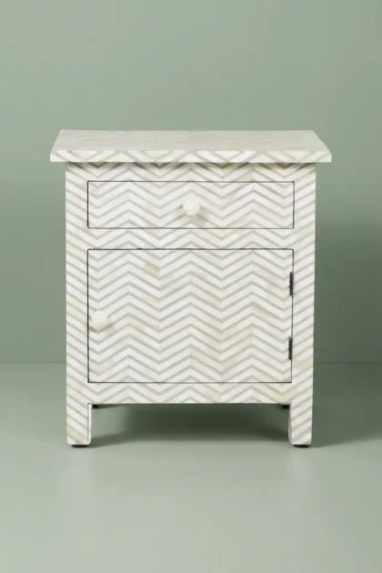 Chevron Bone Inlay Bedside 1 Drawer 1 Door Grey, buy chevron bone inlay bedside, luxury chevron bone inlay bedside, handcrafted chevron bone inlay bedside, handmade chevron bone inlay bedside, chevronchevron-bone-inlay-bedside-1-drawer-1-door-grey-bedside-table-bone-inlay-furniture-chevron-pattern-grey-furniture-handmade-bone-inlay-nightstand-01.webp