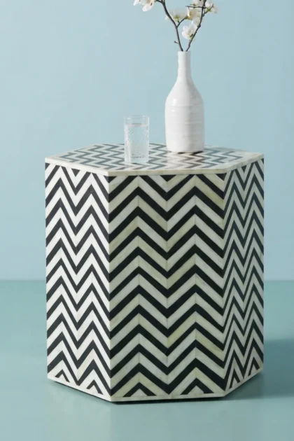Chevron Bone Inlay Hexagonal Side Table Black - Luxury Handicraft, buy chevron bone inlay hexagonal, luxury chevron bone inlay hexagonal, handcrafted chevron bone inlay hexagonal, chevron bone, bonechevron-bone-inlay-hexagonal-side-table-black-luxury-handicraft-black-furniture-bone-inlay-furniture-chevron-pattern-furniture-table-handmade-01.webp