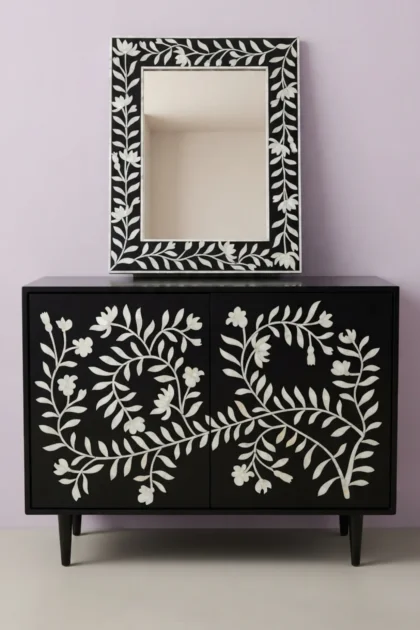 Combo Flower Bone Inlay 2 Door Cabinet and Mirror Black, buy combo flower bone inlay, luxury combo flower bone inlay, handcrafted combo flower bone inlay, handmade combo flower bone inlay, combo bonecombo-flower-bone-inlay-2-door-cabinet-and-mirror-black-black-furniture-bone-inlay-furniture-botanical-design-chest-of-drawers-decorative-mirror-flower-pa-01.webp