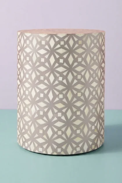 Diamond Bone Inlay Round End Table Mud Grey, buy diamond bone inlay round, luxury diamond bone inlay round, handcrafted diamond bone inlay round, handmade diamond bone inlay round, diamond bone, bonediamond-bone-inlay-round-end-table-mud-grey-bone-inlay-furniture-diamond-pattern-furniture-table-grey-furniture-handmade-bone-inlay-01.webp