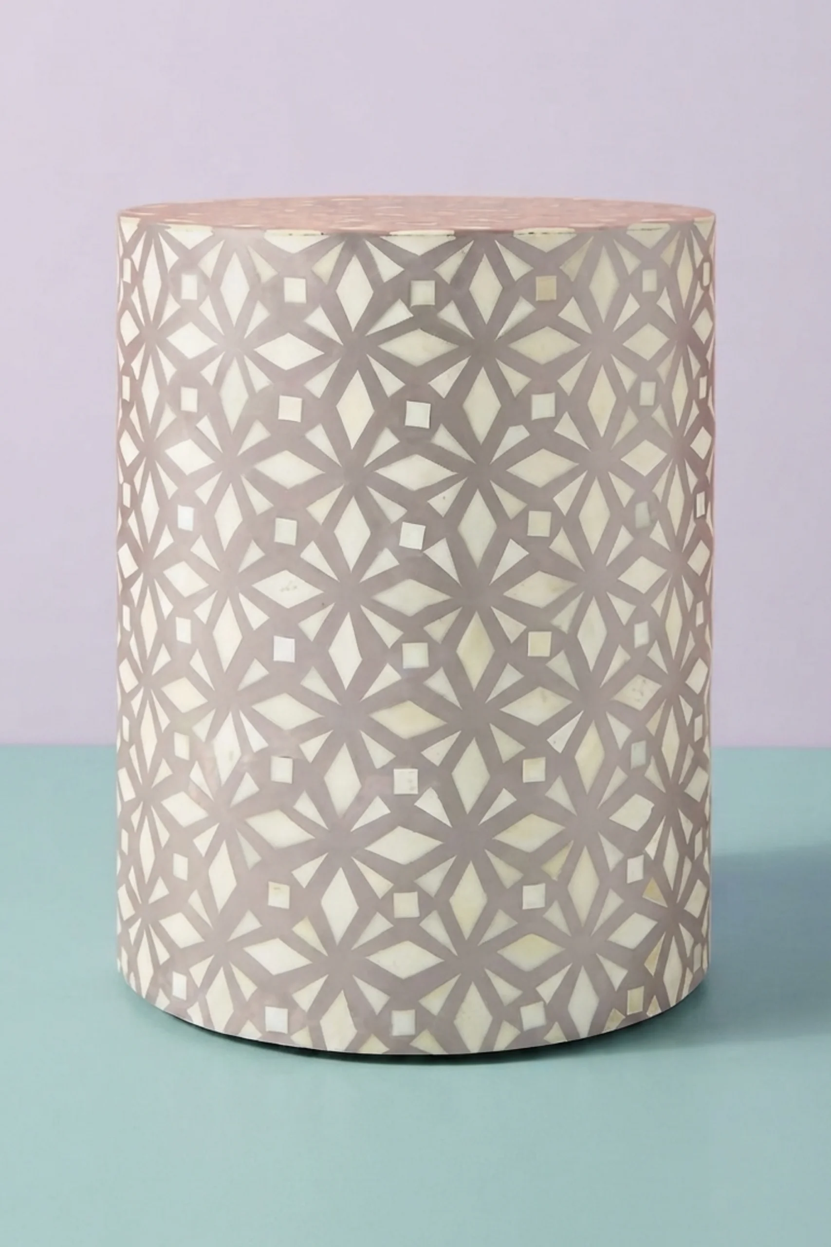Diamond Bone Inlay Round End Table Mud Grey, buy diamond bone inlay round, luxury diamond bone inlay round, handcrafted diamond bone inlay round, handmade diamond bone inlay round, diamond bone, bonediamond-bone-inlay-round-end-table-mud-grey-bone-inlay-furniture-diamond-pattern-furniture-table-grey-furniture-handmade-bone-inlay-01.webp