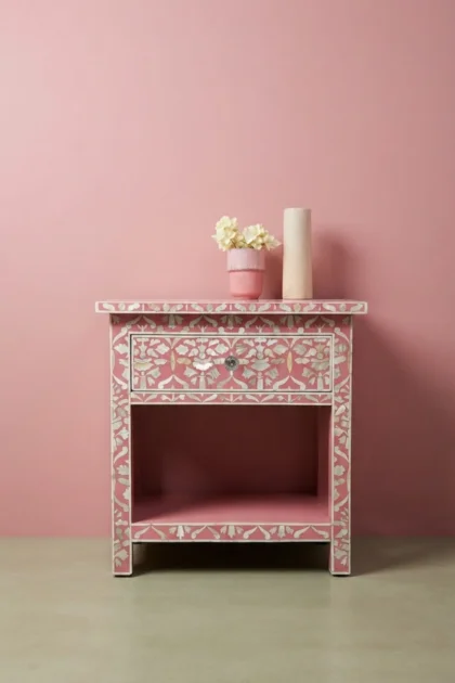 Elke MOP Inlay 1 Drawer Bedside Pink, buy elke mop inlay drawer, luxury elke mop inlay drawer, handcrafted elke mop inlay drawer, handmade elke mop inlay drawer, elke mop inlay drawer online, elke mopelke-mop-inlay-1-drawer-bedside-pink-bedside-table-mop-inlay-furniture-mother-of-pearl-inlay-nightstand-pink-furniture-01.webp