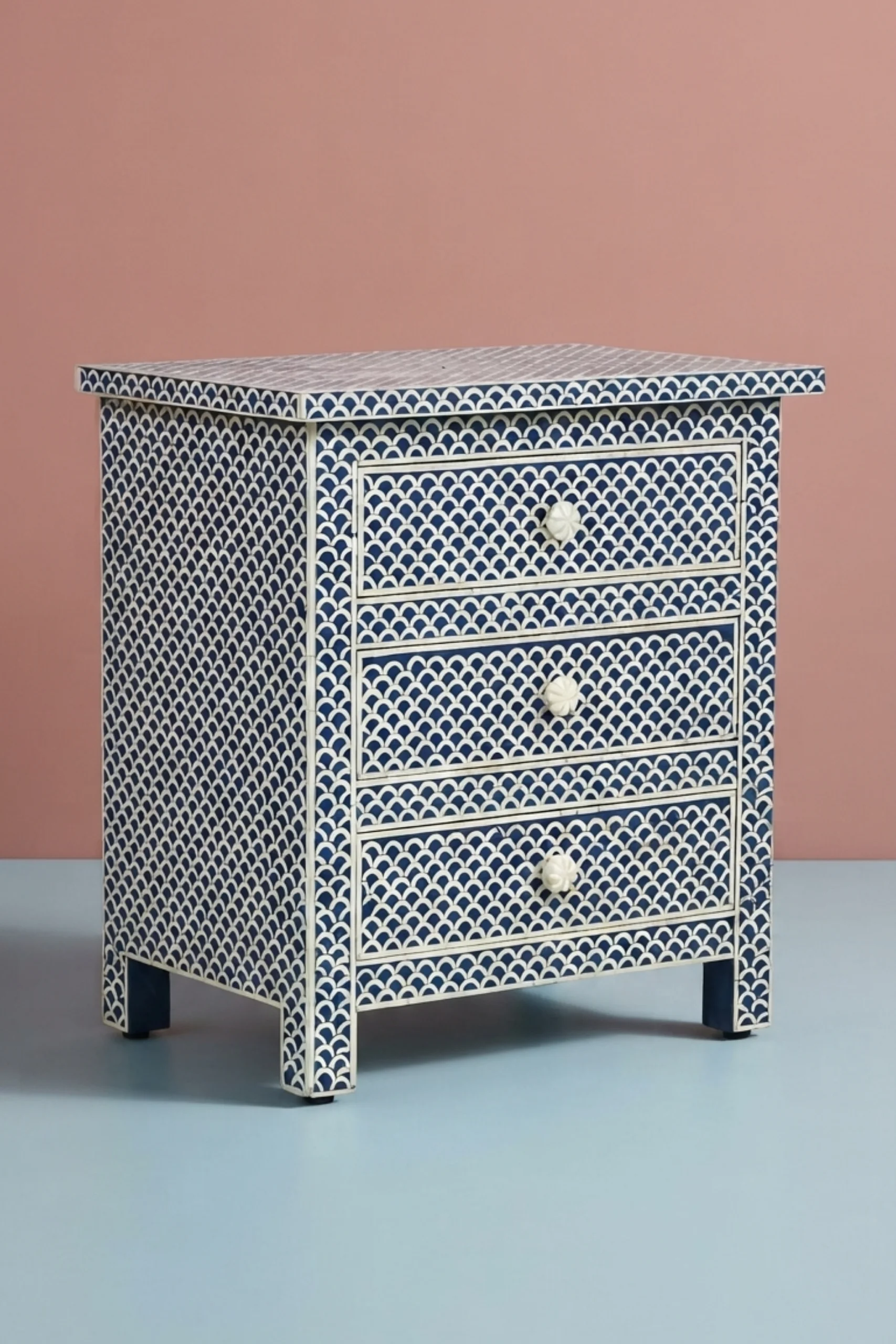 Fishscale Bone Inlay 3 Drawer Bedside Blue, buy fishscale bone inlay drawer, luxury fishscale bone inlay drawer, handcrafted fishscale bone inlay drawer, handmade fishscale bone inlay drawer, bonefishscale-bone-inlay-3-drawer-bedside-blue-bedside-table-blue-furniture-bone-inlay-furniture-handmade-bone-inlay-nightstand-01.webp