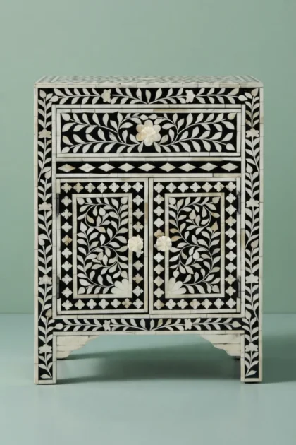 Floral Bone Inlay Bedside Black, buy floral bone inlay bedside, luxury floral bone inlay bedside, handcrafted floral bone inlay bedside, handmade floral bone inlay bedside, floral bone inlay giftfloral-bone-inlay-bedside-black-bedside-table-black-furniture-bone-inlay-furniture-floral-design-floral-pattern-flower-motif-handmade-bone-inlay-nightstand-01.webp