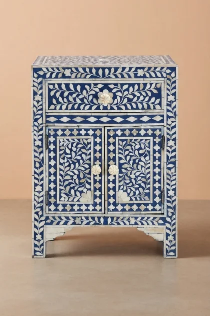 Floral Bone Inlay Bedside Blue, buy floral bone inlay bedside, luxury floral bone inlay bedside, handcrafted floral bone inlay bedside, handmade floral bone inlay bedside, floral bone inlay gift, bonefloral-bone-inlay-bedside-blue-bedside-table-blue-furniture-bone-inlay-furniture-floral-design-floral-pattern-flower-motif-handmade-bone-inlay-nightstand-01.webp