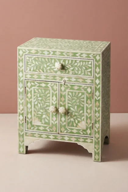 Floral Bone Inlay Bedside Green, buy floral bone inlay bedside, luxury floral bone inlay bedside, handcrafted floral bone inlay bedside, handmade floral bone inlay bedside, floral bone inlay giftfloral-bone-inlay-bedside-green-bedside-table-bone-inlay-furniture-floral-design-floral-pattern-flower-motif-green-furniture-handmade-bone-inlay-nightstand-01.webp
