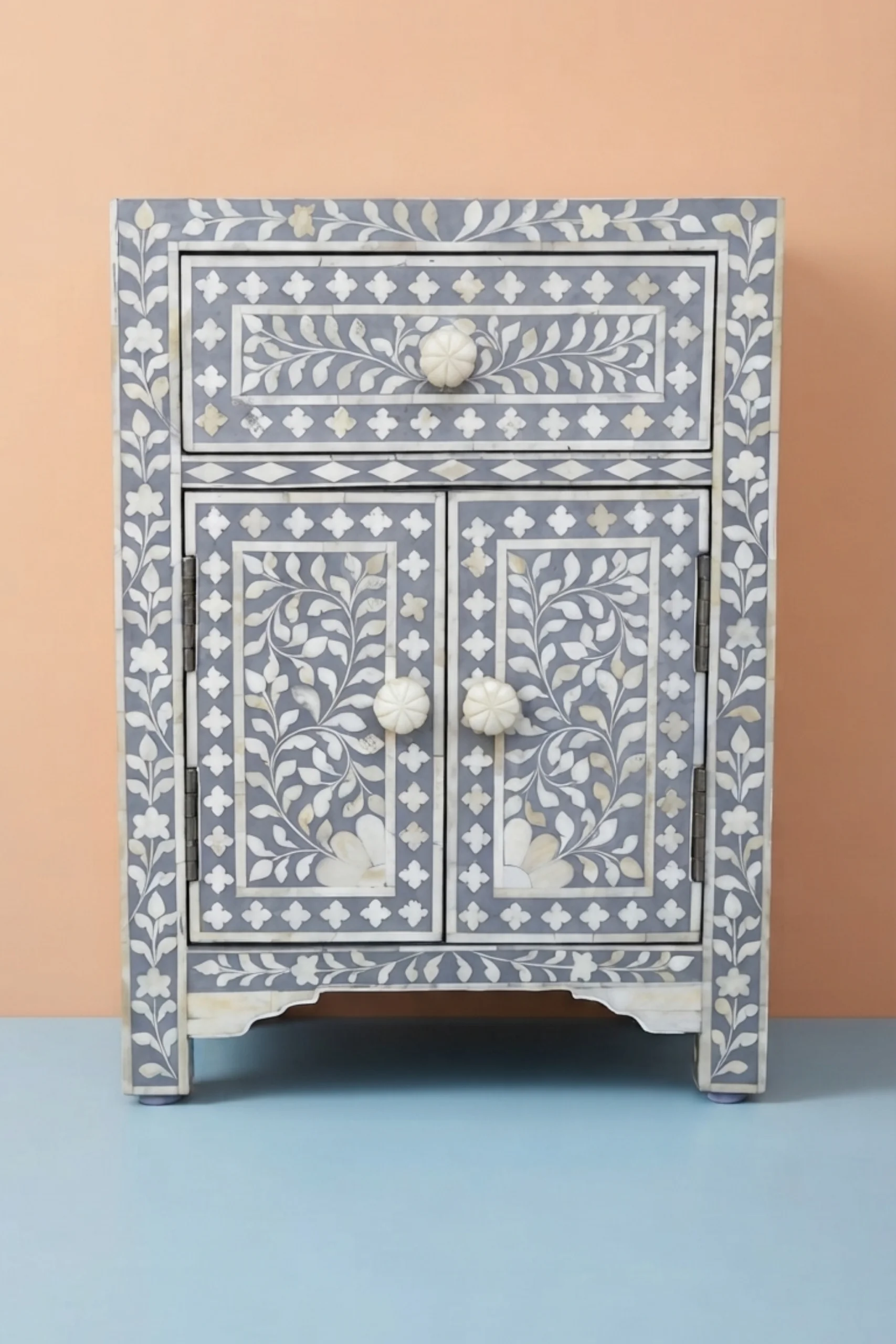 Floral Bone Inlay Bedside Grey, buy floral bone inlay bedside, luxury floral bone inlay bedside, handcrafted floral bone inlay bedside, handmade floral bone inlay bedside, floral bone inlay gift, bonefloral-bone-inlay-bedside-grey-bedside-table-bone-inlay-furniture-floral-design-floral-pattern-flower-motif-grey-furniture-handmade-bone-inlay-nightstand-01.webp