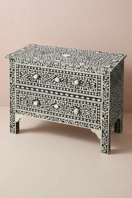 Floral Bone Inlay Chest Of Two Drawers Black, buy floral bone inlay chest, luxury floral bone inlay chest, handcrafted floral bone inlay chest, handmade floral bone inlay chest, floral bone inlay giftfloral-bone-inlay-chest-of-two-drawers-black-black-furniture-bone-inlay-furniture-chest-of-drawers-drawers-cabinet-floral-design-floral-pattern-flower-motif-handmade-01.webp