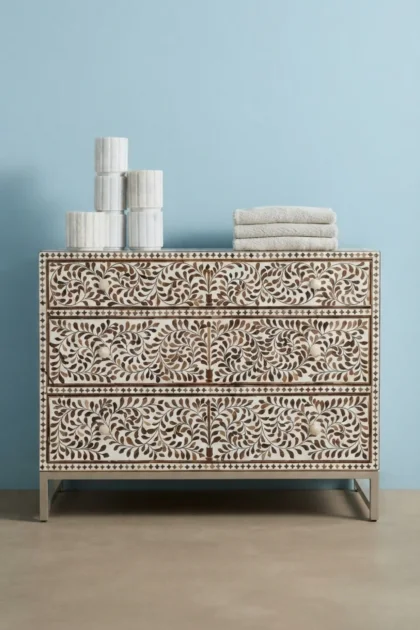 Floral Wood Inlay Chest of 3 Drawers, buy floral wood inlay chest, luxury floral wood inlay chest, handcrafted floral wood inlay chest, handmade floral wood inlay chest, floral wood inlay chest onlinefloral-wood-inlay-chest-of-3-drawers-carved-furniture-carving-furniture-chest-of-drawers-drawers-cabinet-floral-design-floral-pattern-flower-motif-storage-furniture-wooden-f-01.webp