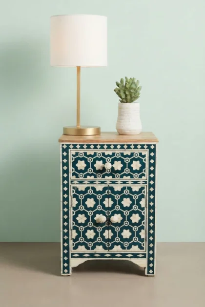 Flower Bone Inlay 1 Drawer 2 Door Bedside Table Teal Green, buy flower bone inlay drawer, luxury flower bone inlay drawer, handcrafted flower bone inlay drawer, handmade flower bone inlay drawer, boneflower-bone-inlay-1-drawer-2-door-bedside-table-teal-green-bedside-table-bone-inlay-furniture-botanical-design-flower-pattern-furniture-table-green-01.webp