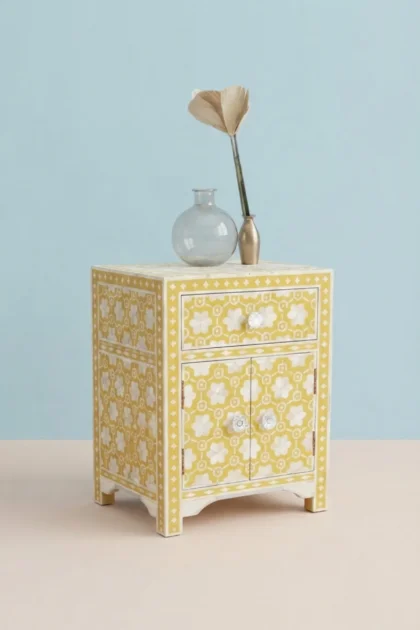 Flower Bone Inlay 1 Drawer 2 Door Bedside Table Yellow, buy flower bone inlay drawer, luxury flower bone inlay drawer, handcrafted flower bone inlay drawer, handmade flower bone inlay drawer, flowerflower-bone-inlay-1-drawer-2-door-bedside-table-yellow-bedside-table-bone-inlay-furniture-botanical-design-flower-pattern-furniture-table-handmade-bone-01.webp