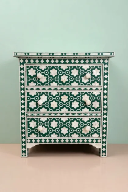 Flower Bone Inlay 3 Drawer Bedside Teal Green, buy flower bone inlay drawer, luxury flower bone inlay drawer, handcrafted flower bone inlay drawer, handmade flower bone inlay drawer, flower bone, boneflower-bone-inlay-3-drawer-bedside-teal-green-bedside-table-bone-inlay-furniture-botanical-design-flower-pattern-green-furniture-handmade-bone-inlay-nightstand-01.webp