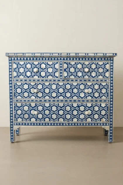 Flower Bone Inlay 4 Drawer Chest Dark Blue, buy flower bone inlay drawer, luxury flower bone inlay drawer, handcrafted flower bone inlay drawer, handmade flower bone inlay drawer, flower bone, flowerflower-bone-inlay-4-drawer-chest-dark-blue-blue-furniture-bone-inlay-furniture-botanical-design-chest-of-drawers-drawers-cabinet-flower-pattern-handmade-bone-inlay-sto-01.webp