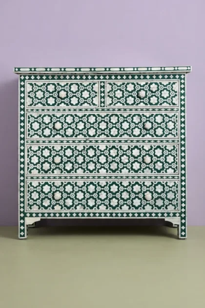 Flower Bone Inlay 5 Drawer Chest Teal Green, buy flower bone inlay drawer, luxury flower bone inlay drawer, handcrafted flower bone inlay drawer, handmade flower bone inlay drawer, flower bone, flowerflower-bone-inlay-5-drawer-chest-teal-green-bone-inlay-furniture-botanical-design-chest-of-drawers-drawers-cabinet-flower-pattern-green-furniture-handmade-bone-inlay-01.webp
