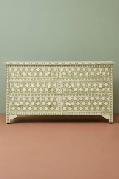 Flower Bone Inlay 6 Drawer Dresser Sage Green, buy flower bone inlay drawer, luxury flower bone inlay drawer, handcrafted flower bone inlay drawer, handmade flower bone inlay drawer, flower bone, boneflower-bone-inlay-6-drawer-dresser-sage-green-bedroom-storage-bone-inlay-furniture-botanical-design-dresser-flower-pattern-green-furniture-handmade-bone-inlay-01.webp
