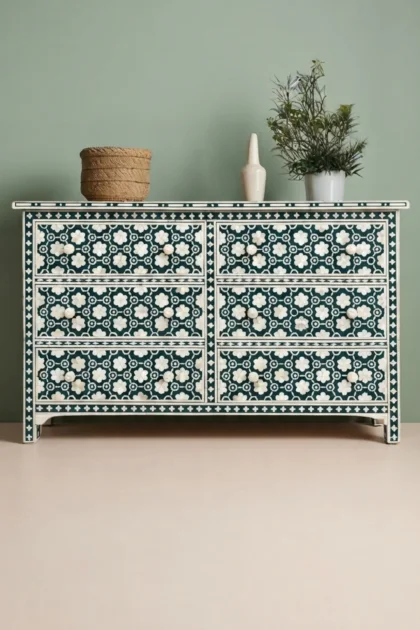 Flower Bone Inlay 6 Drawer Dresser Teal Green, buy flower bone inlay drawer, luxury flower bone inlay drawer, handcrafted flower bone inlay drawer, handmade flower bone inlay drawer, flower bone, boneflower-bone-inlay-6-drawer-dresser-teal-green-bedroom-storage-bone-inlay-furniture-botanical-design-dresser-flower-pattern-green-furniture-handmade-bone-inlay-01.webp