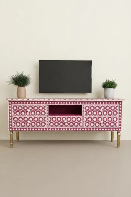 Flower Bone Inlay TV Unit with Drawers Pink, buy flower bone inlay unit, luxury flower bone inlay unit, handcrafted flower bone inlay unit, handmade flower bone inlay unit, flower bone inlay giftflower-bone-inlay-tv-unit-with-drawers-pink-bone-inlay-furniture-botanical-design-flower-pattern-handmade-bone-inlay-media-console-pink-furniture-tv-unit-01.webp