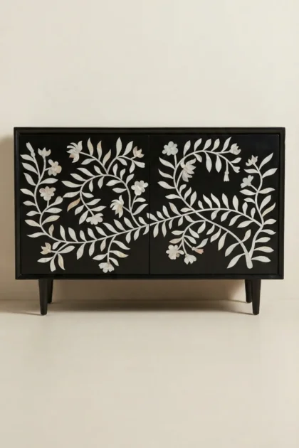 Flower MOP Inlay 2 Door Cabinet Black, buy flower mop inlay door, luxury flower mop inlay door, handcrafted flower mop inlay door, handmade flower mop inlay door, flower mop inlay door online, flowerflower-mop-inlay-2-door-cabinet-black-black-furniture-botanical-design-chest-of-drawers-flower-pattern-mop-inlay-furniture-mother-of-pearl-inlay-storage-cabinet-01.webp