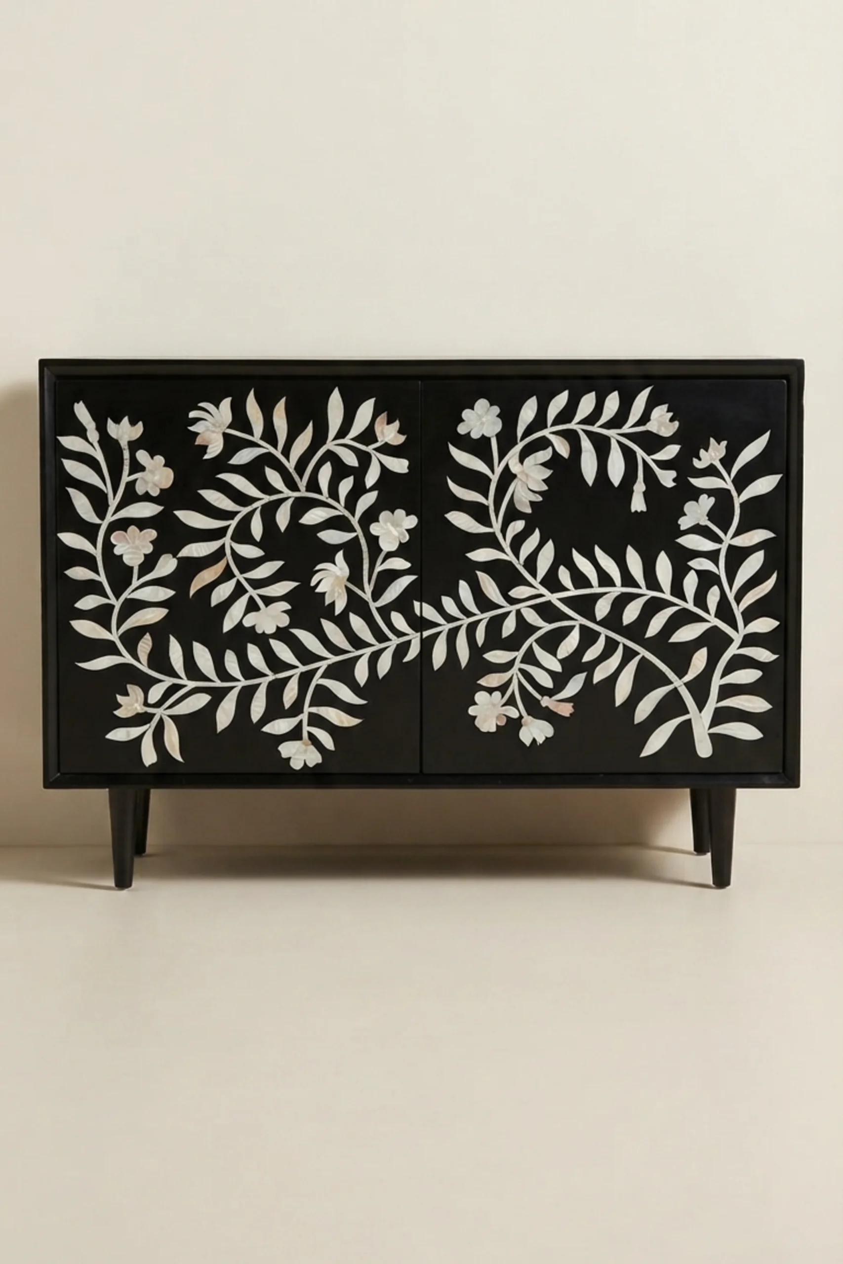 Flower MOP Inlay 2 Door Cabinet Black, buy flower mop inlay door, luxury flower mop inlay door, handcrafted flower mop inlay door, handmade flower mop inlay door, flower mop inlay door online, flowerflower-mop-inlay-2-door-cabinet-black-black-furniture-botanical-design-chest-of-drawers-flower-pattern-mop-inlay-furniture-mother-of-pearl-inlay-storage-cabinet-01.webp