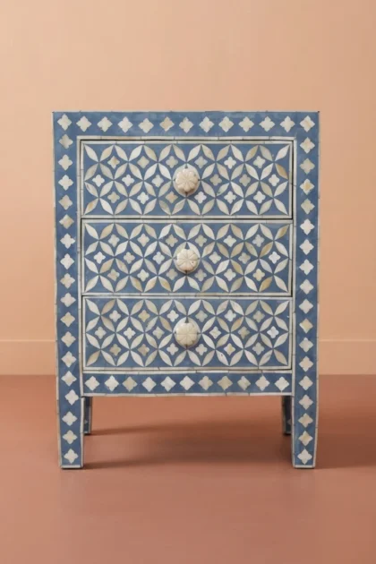 Geometric Bedside Bone Inlay 3 Drawer Blue, buy geometric bedside bone inlay, luxury geometric bedside bone inlay, handcrafted geometric bedside bone inlay, handmade geometric bedside bone inlay, bonegeometric-bedside-bone-inlay-3-drawer-blue-bedside-table-blue-furniture-bone-inlay-furniture-geometric-design-geometric-pattern-handmade-bone-inlay-nightstand-01.webp