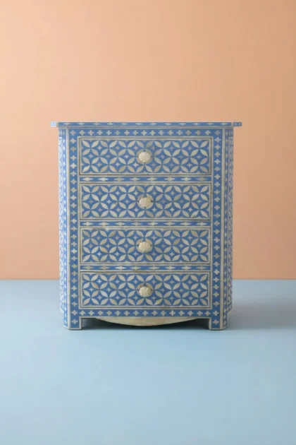 Geometric Bone Inlay 4 Drawer Bedside Blue, buy geometric bone inlay drawer, luxury geometric bone inlay drawer, handcrafted geometric bone inlay drawer, handmade geometric bone inlay drawer, bonegeometric-bone-inlay-4-drawer-bedside-blue-bedside-table-blue-furniture-bone-inlay-furniture-geometric-design-geometric-pattern-handmade-bone-inlay-nightstand-01.webp