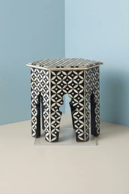 Geometric Bone Inlay Hexagonal Side Table Black, buy geometric bone inlay hexagonal, luxury geometric bone inlay hexagonal, handcrafted geometric bone inlay hexagonal, geometric bone inlay gift, bonegeometric-bone-inlay-hexagonal-side-table-black-black-furniture-bone-inlay-furniture-furniture-table-geometric-design-geometric-pattern-handmade-bone-inlay-01.webp