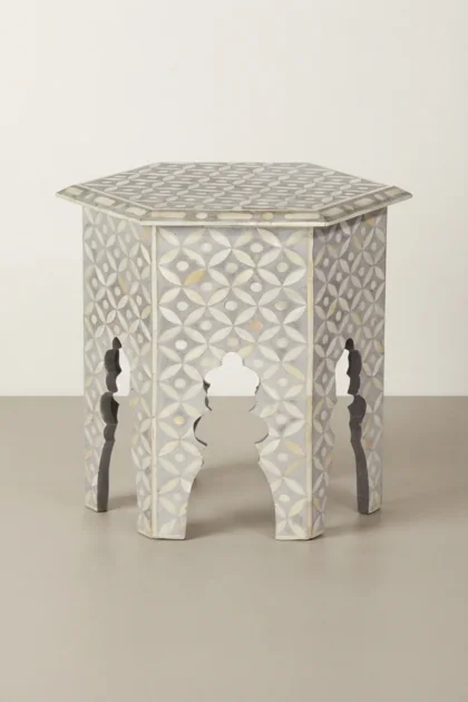 Geometric Bone Inlay Hexagonal Side Table Grey, buy geometric bone inlay hexagonal, luxury geometric bone inlay hexagonal, handcrafted geometric bone inlay hexagonal, geometric bone inlay gift, bonegeometric-bone-inlay-hexagonal-side-table-grey-bone-inlay-furniture-furniture-table-geometric-design-geometric-pattern-grey-furniture-handmade-bone-inlay-01.webp