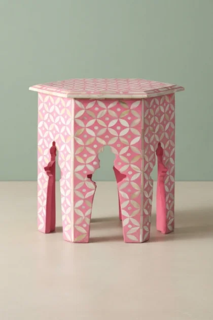 Geometric Bone Inlay Hexagonal Side Table Pink, buy geometric bone inlay hexagonal, luxury geometric bone inlay hexagonal, handcrafted geometric bone inlay hexagonal, geometric bone inlay gift, bonegeometric-bone-inlay-hexagonal-side-table-pink-bone-inlay-furniture-furniture-table-geometric-design-geometric-pattern-handmade-bone-inlay-pink-furniture-01.webp