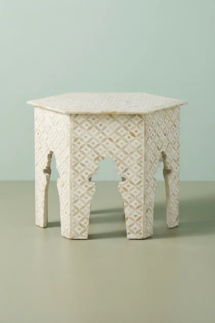 Geometric Bone Inlay Hexagonal Side Table White, buy geometric bone inlay hexagonal, luxury geometric bone inlay hexagonal, handcrafted geometric bone inlay hexagonal, geometric bone inlay gift, bonegeometric-bone-inlay-hexagonal-side-table-white-bone-inlay-furniture-furniture-table-geometric-design-geometric-pattern-handmade-bone-inlay-white-furniture-01.webp