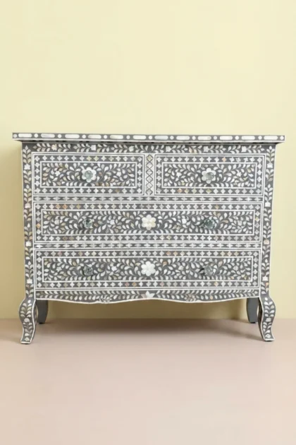Grace Mother of Pearl Inlay 4 Drawer Dresser Grey, buy grace mother pearl inlay, luxury grace mother pearl inlay, handcrafted grace mother pearl inlay, handmade grace mother pearl inlay, grace mothergrace-mother-of-pearl-inlay-4-drawer-dresser-grey-bedroom-storage-dresser-grey-furniture-mop-inlay-furniture-mother-of-pearl-inlay-01.webp