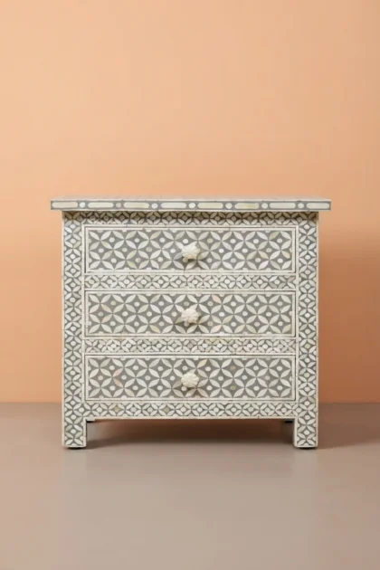 Grey Bone Inlay 3 Drawer Bedside Geometric, buy grey bone inlay drawer, luxury grey bone inlay drawer, handcrafted grey bone inlay drawer, handmade grey bone inlay drawer, grey bone inlay drawer indiagrey-bone-inlay-3-drawer-bedside-geometric-bedside-table-bone-inlay-furniture-geometric-design-geometric-pattern-grey-furniture-handmade-bone-inlay-nightstand-01.webp