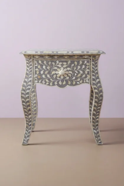 Grey Bone Inlay Bedside 1 Drawer Floral Design, buy grey bone inlay bedside, luxury grey bone inlay bedside, handcrafted grey bone inlay bedside, handmade grey bone inlay bedside, grey bone inlay giftgrey-bone-inlay-bedside-1-drawer-floral-design-bedside-table-bone-inlay-furniture-floral-design-floral-pattern-flower-motif-grey-furniture-handmade-bone-inlay-n-01.webp