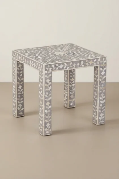 Grey Bone Inlay Floral Side Table, buy grey bone inlay floral, luxury grey bone inlay floral, handcrafted grey bone inlay floral, handmade grey bone inlay floral, grey bone inlay floral online, greygrey-bone-inlay-floral-side-table-bone-inlay-furniture-floral-design-floral-pattern-flower-motif-furniture-table-grey-furniture-handmade-bone-inlay-01.webp