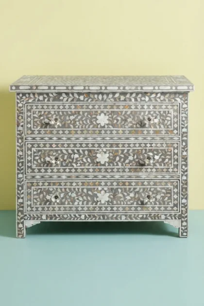 Grey Mother Of Pearl Inlay 3 Drawer Chest Floral, buy grey mother pearl inlay, luxury grey mother pearl inlay, handcrafted grey mother pearl inlay, handmade grey mother pearl inlay, grey mother, greygrey-mother-of-pearl-inlay-3-drawer-chest-floral-chest-of-drawers-drawers-cabinet-floral-design-floral-pattern-flower-motif-grey-furniture-mop-inlay-furniture-mo-01.webp