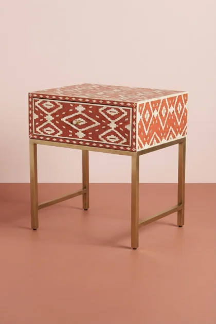 Ikat Bone Inlay Bedside 1 Drawer Orange, buy ikat bone inlay bedside, luxury ikat bone inlay bedside, handcrafted ikat bone inlay bedside, handmade ikat bone inlay bedside, ikat bone inlay gift, ikatikat-bone-inlay-bedside-1-drawer-orange-bedside-table-bone-inlay-furniture-handmade-bone-inlay-nightstand-01.webp